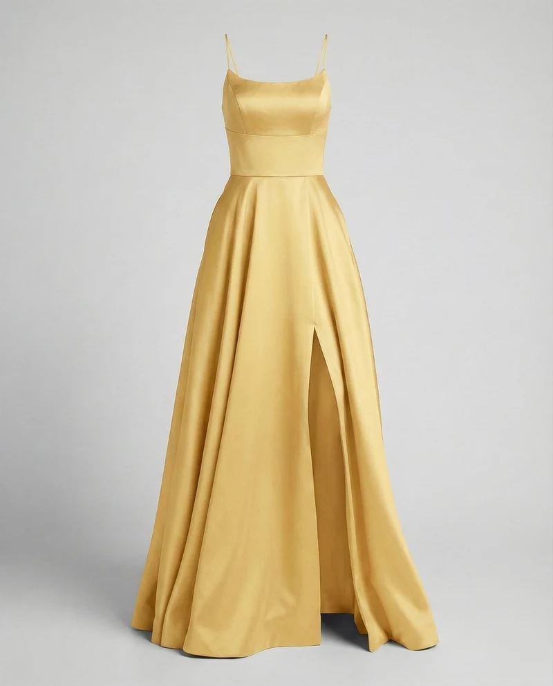 Damen Satin-Maxikleid Spaghettiträger Frontschlitz Taschen