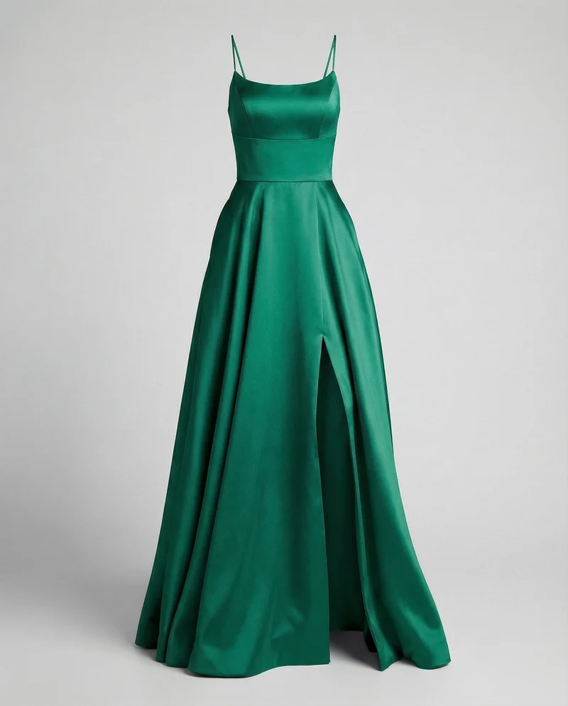 Damen Satin-Maxikleid Spaghettiträger Frontschlitz Taschen