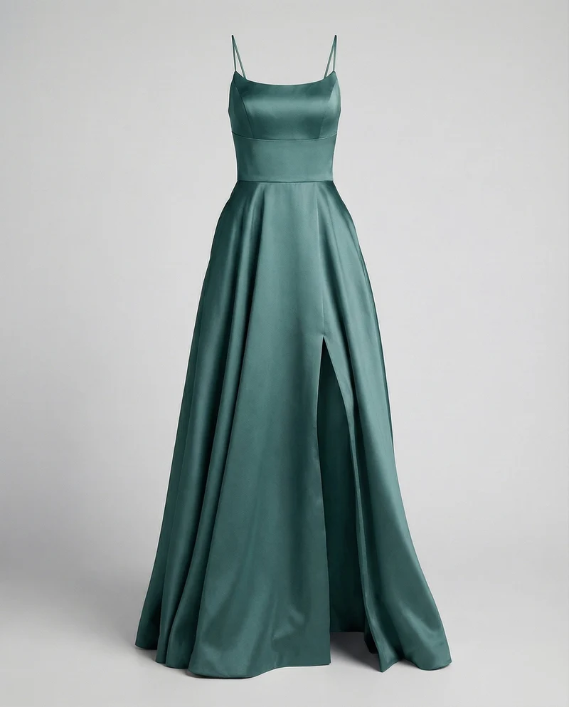 Damen Satin-Maxikleid Spaghettiträger Frontschlitz Taschen