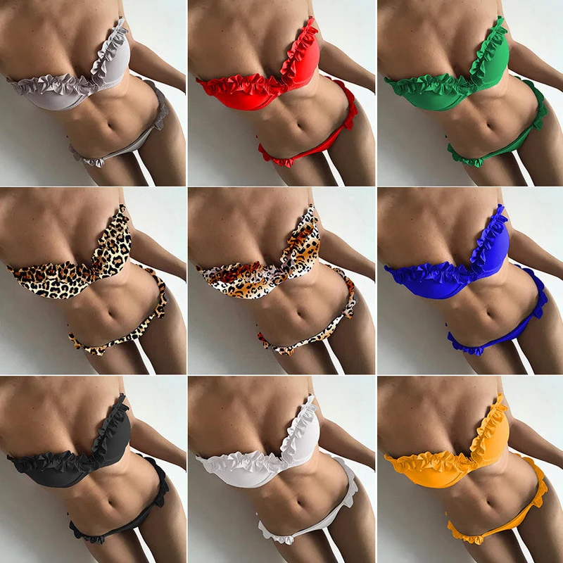 Damen Leopardenmuster Bikini-Set mit verspielten Rüschen
