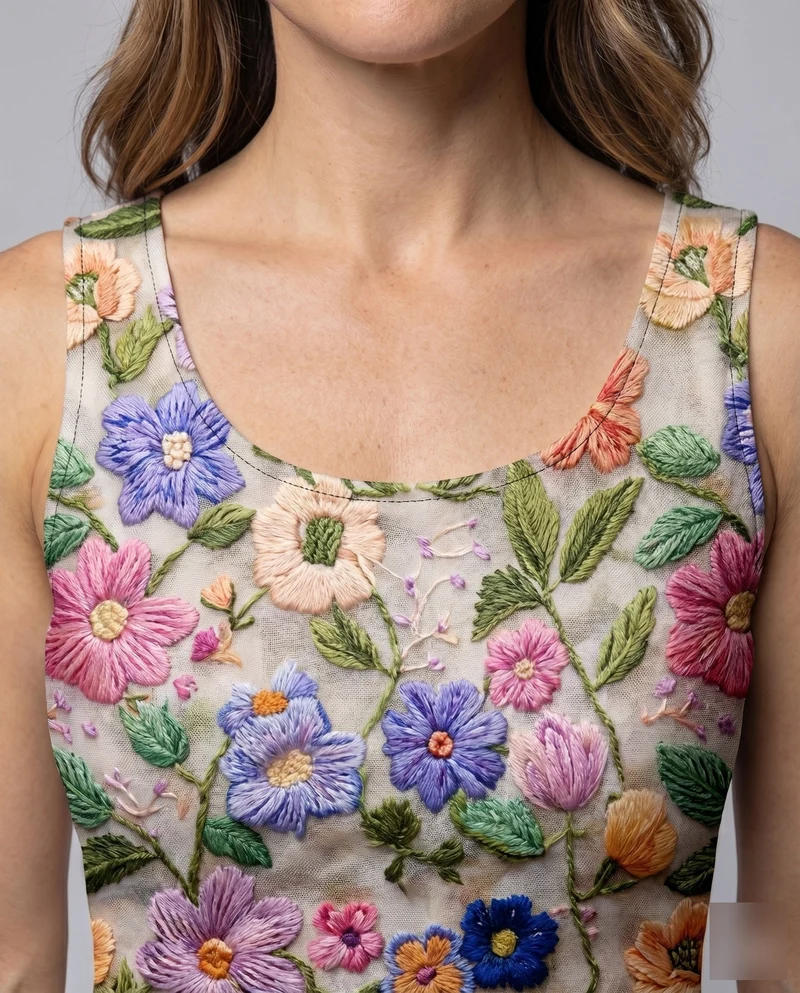 Damen Skaterkleid Relief-Stickerei Ausgestellter Rock Rundhals