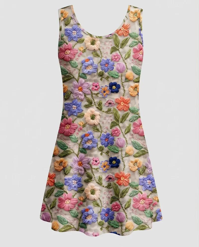 Damen Skaterkleid Relief-Stickerei Ausgestellter Rock Rundhals