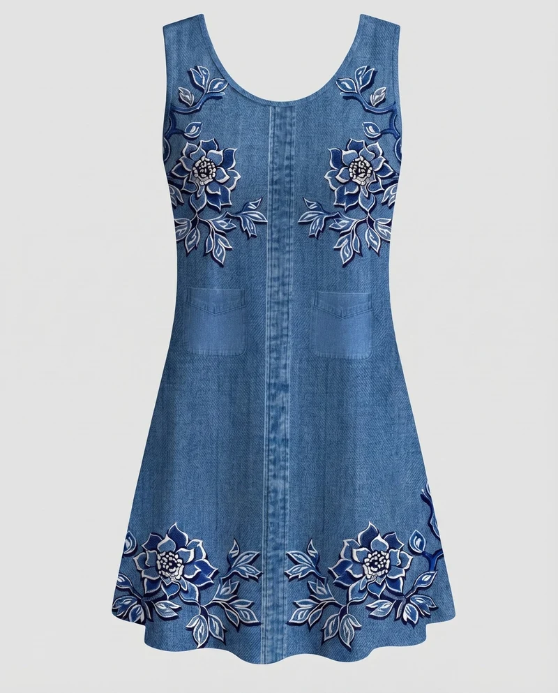 Damen Skaterkleid Relief-Stickerei Ausgestellter Rock Rundhals