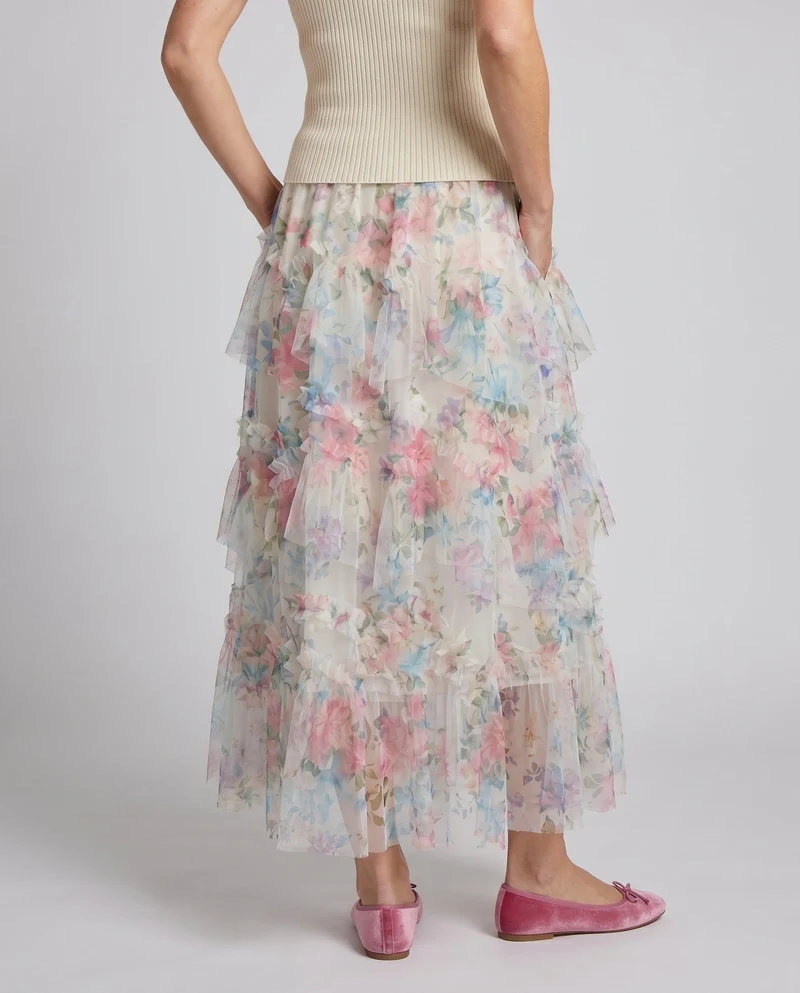Damen Maxi-Rock mit floralem Rüschendesign und atmungsaktivem Chiffon