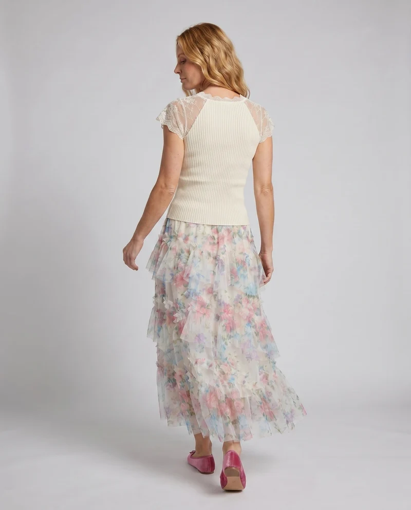 Damen Maxi-Rock mit floralem Rüschendesign und atmungsaktivem Chiffon