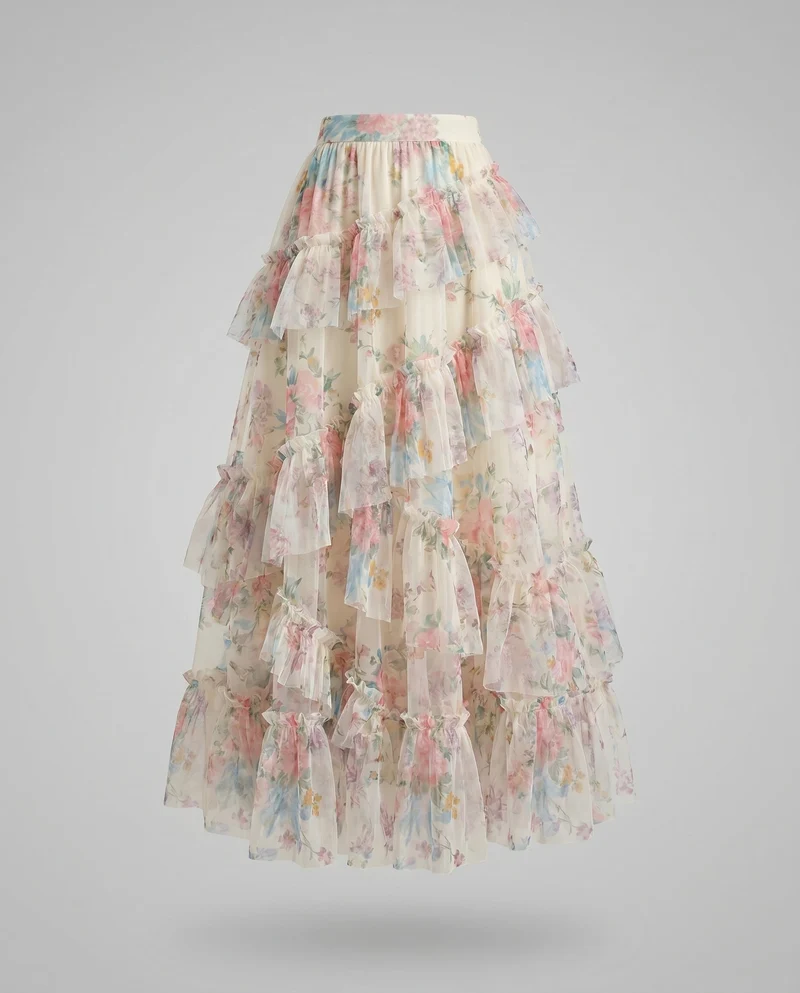 Damen Maxi-Rock mit floralem Rüschendesign und atmungsaktivem Chiffon