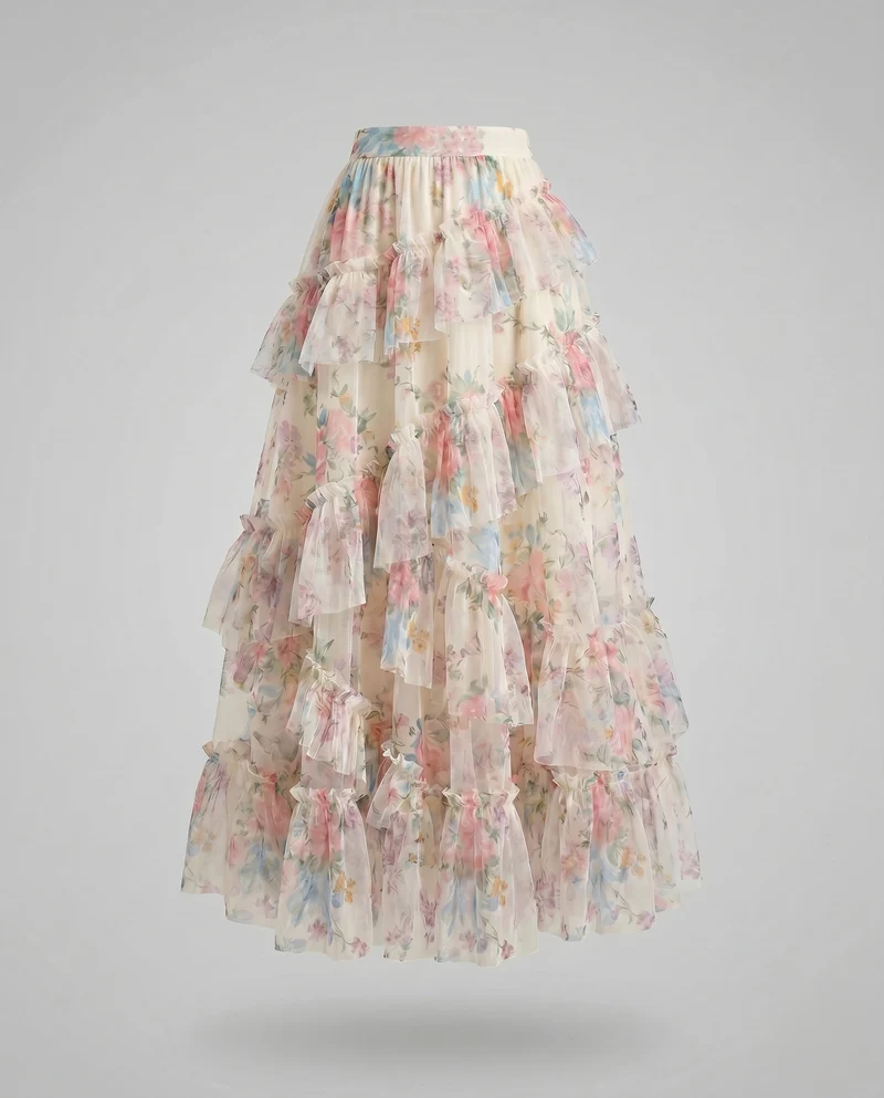 Damen Maxi-Rock mit floralem Rüschendesign und atmungsaktivem Chiffon