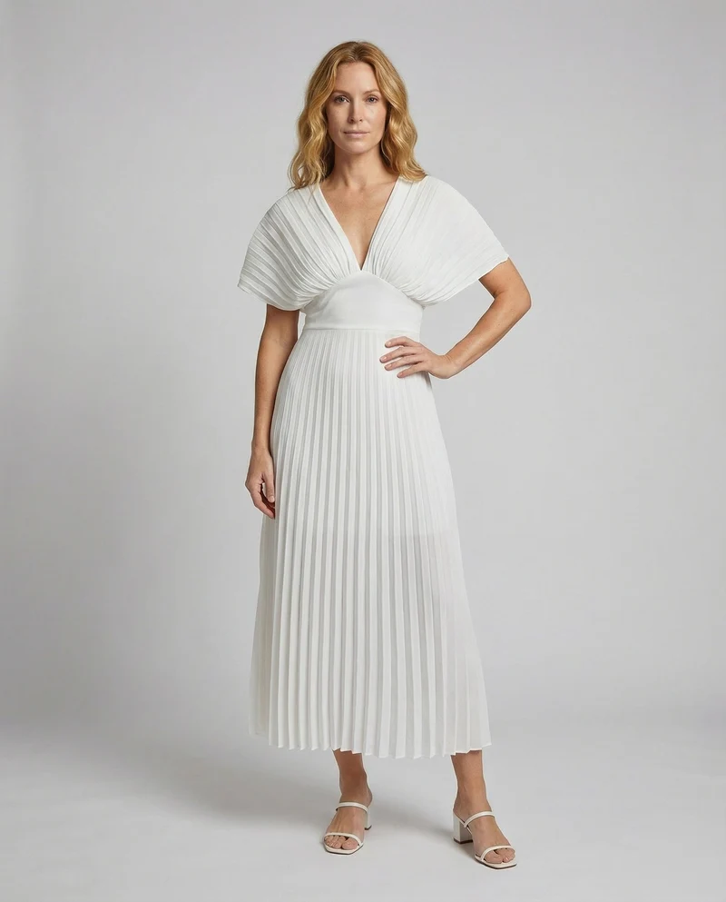 Damen plissiertes Maxikleid mit Flügelärmeln