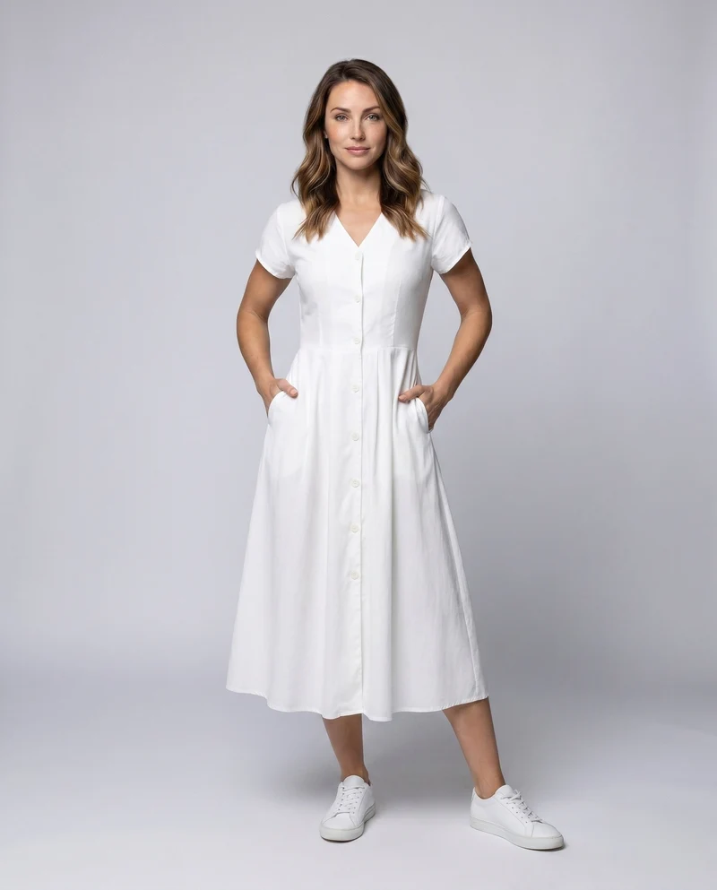 Damen Hemdblusenkleid mit Taillengürtel und Knopfdetails
