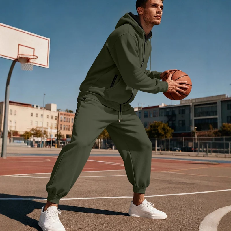 Herren nan Kapuzensweat-Set mit durchgehendem Reißverschluss, Kängurutasche und konischer Jogginghose mit Reißverschlusstaschen Nord Taschen