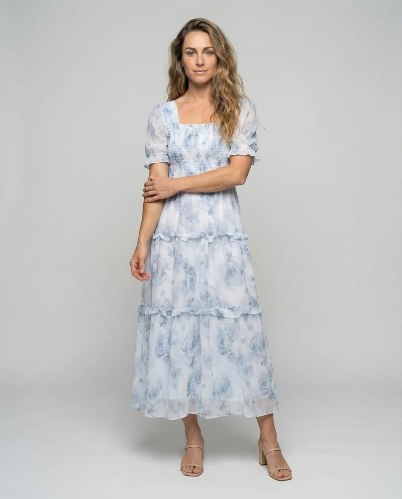 Damen Luftige Puffärmel Chiffon Stufenmaxikleid