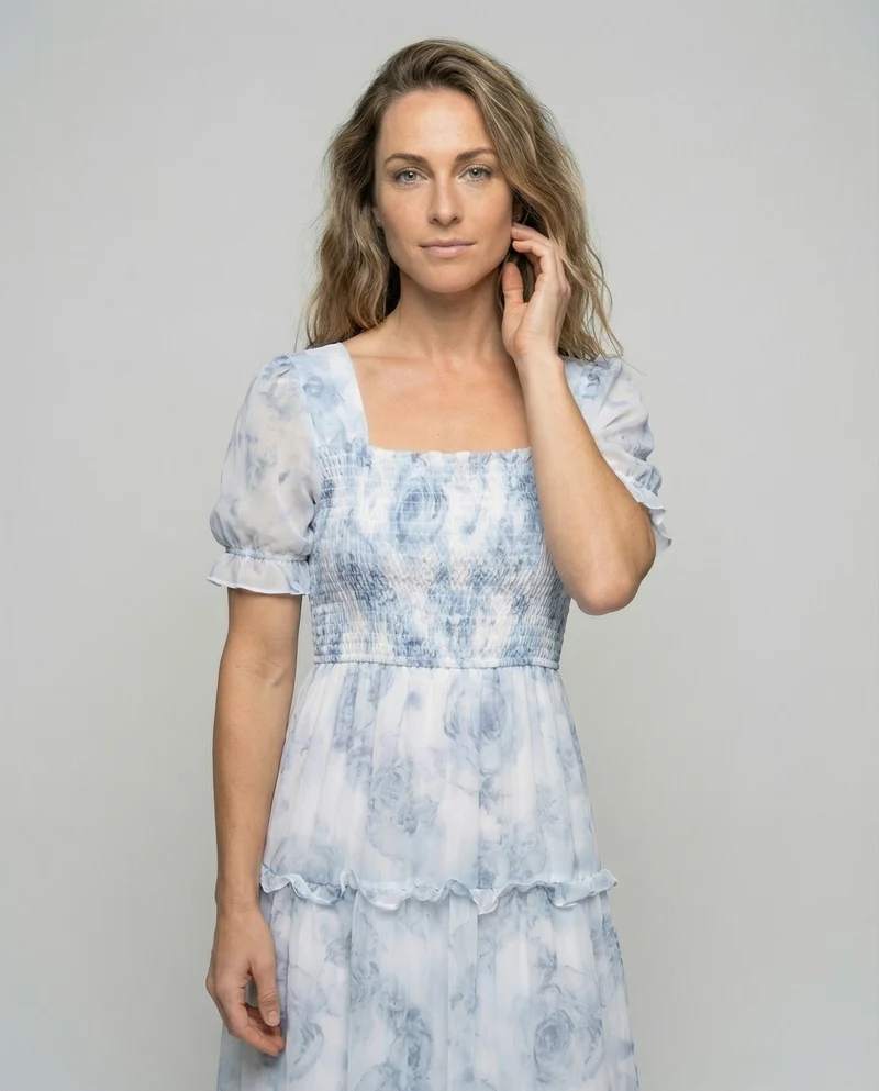 Damen Luftige Puffärmel Chiffon Stufenmaxikleid