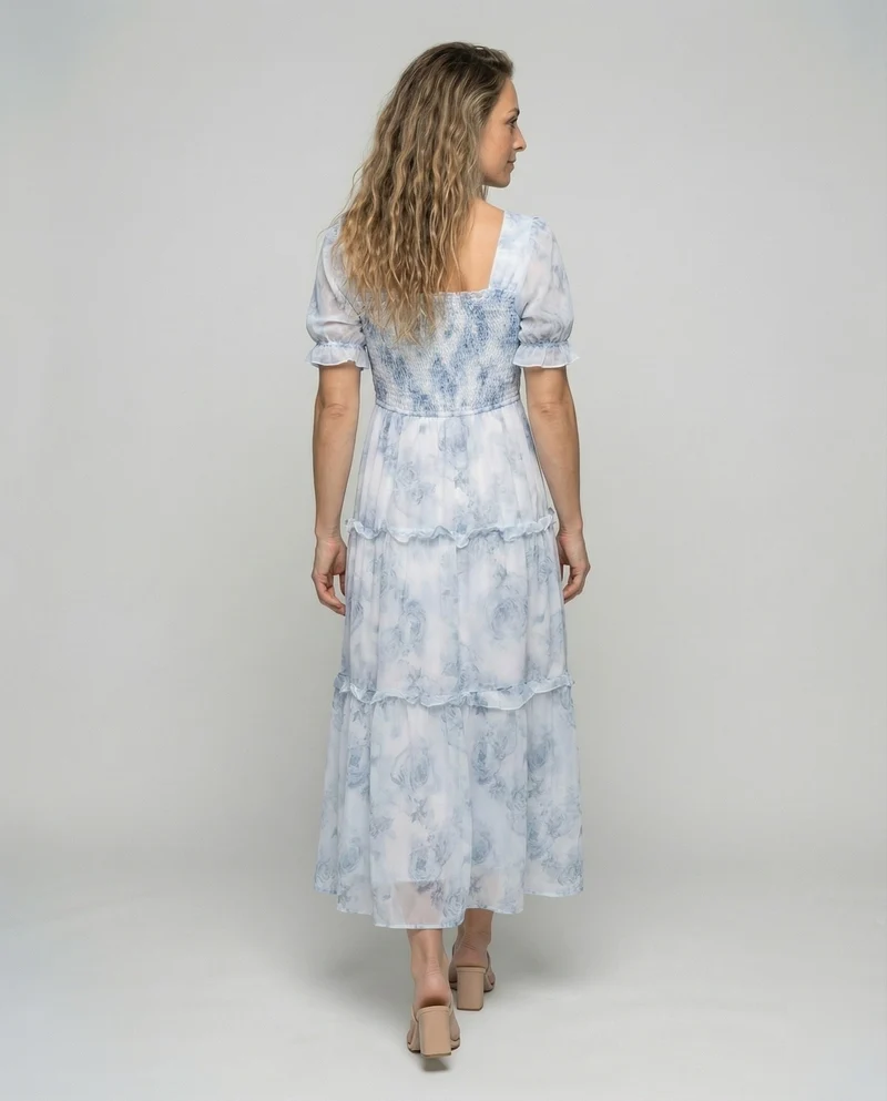 Damen Luftige Puffärmel Chiffon Stufenmaxikleid
