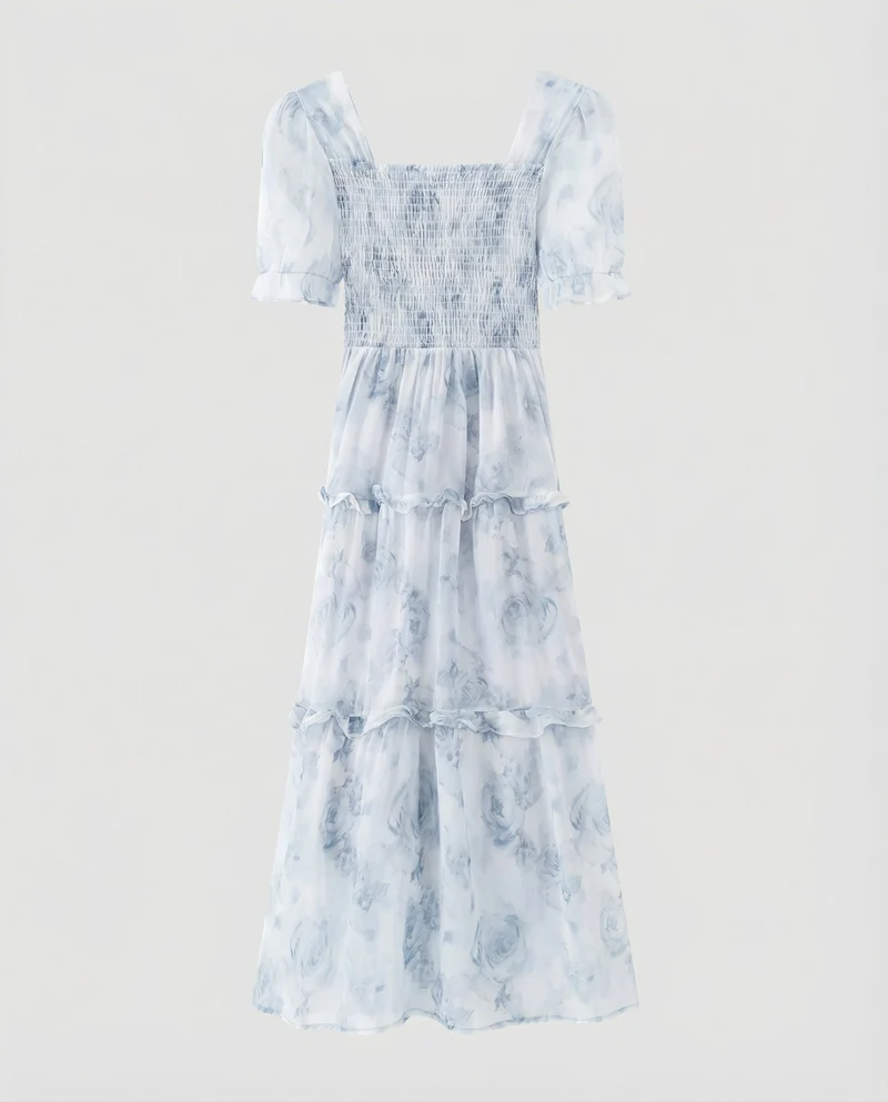 Damen Luftige Puffärmel Chiffon Stufenmaxikleid
