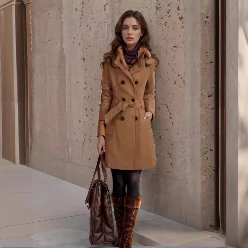 Damen eleganter Trenchcoat mit tiefem Revers und modischen Akzenten