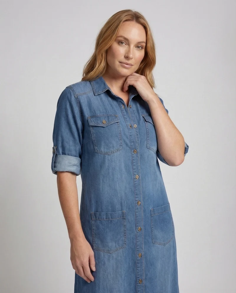 Damen Hemdblusenkleid Jeansstoff Hüfttaschen