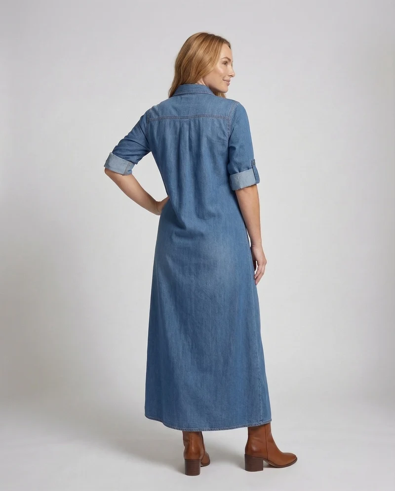 Damen Hemdblusenkleid Jeansstoff Hüfttaschen