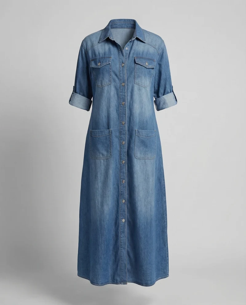 Damen Hemdblusenkleid Jeansstoff Hüfttaschen