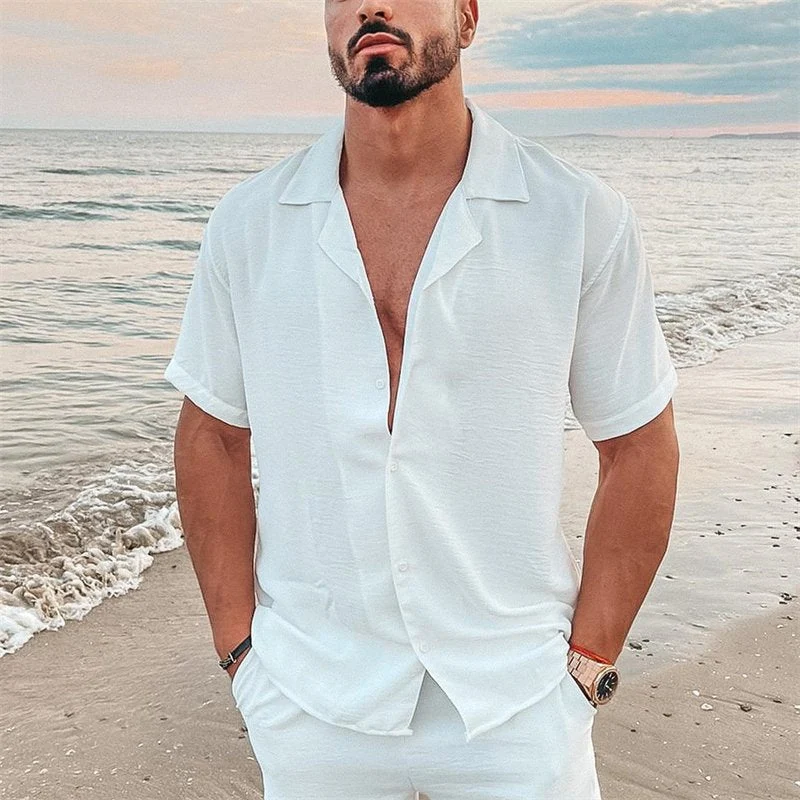 Herren nan luftiges Strandhemd aus Leinenmix mit Reverskragen und offener Knopfleiste Nord Taschen