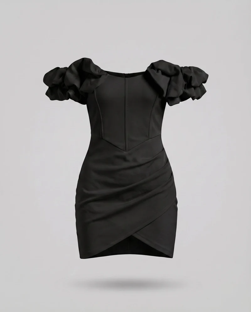 Damen Minikleid Schulterfrei Korsettnaht Volantärmel