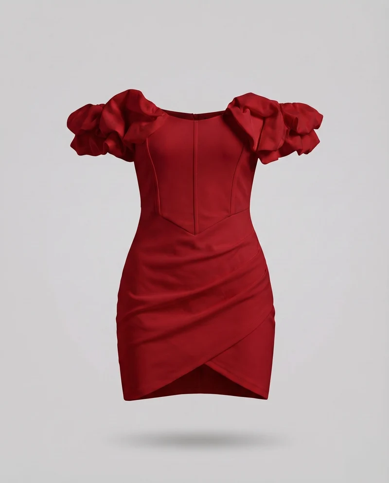 Damen Minikleid Schulterfrei Korsettnaht Volantärmel