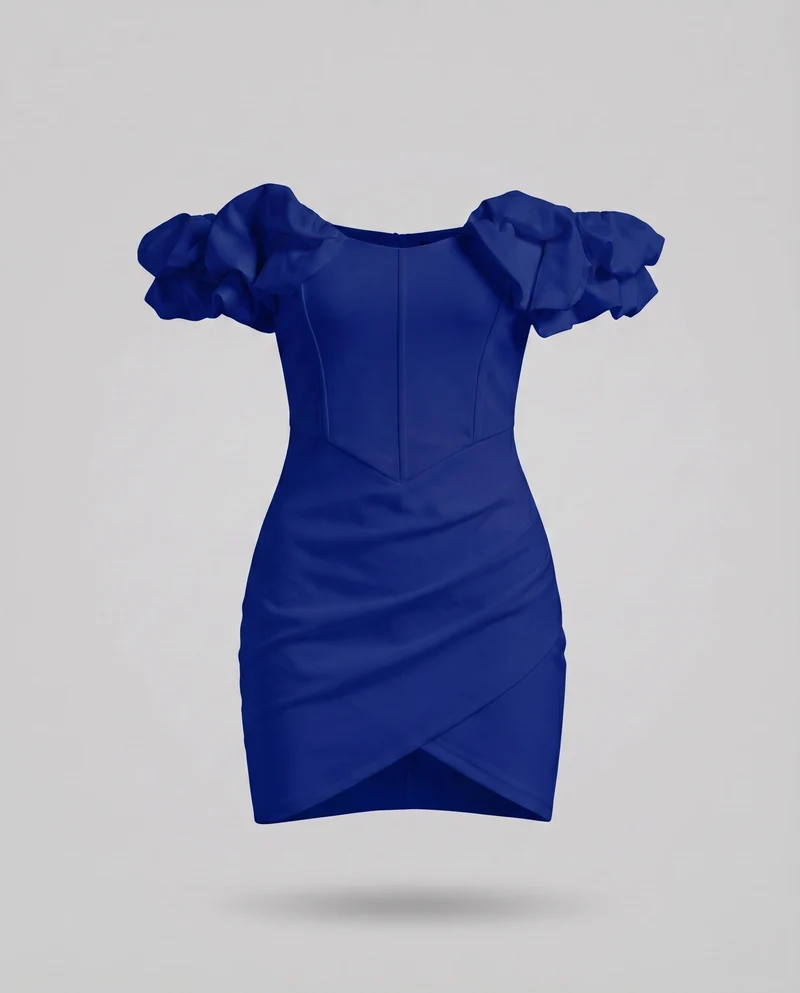 Damen Minikleid Schulterfrei Korsettnaht Volantärmel