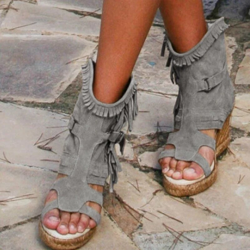 Weinlese PU-Quasten Peeptoe Hohe Keil Sandalen