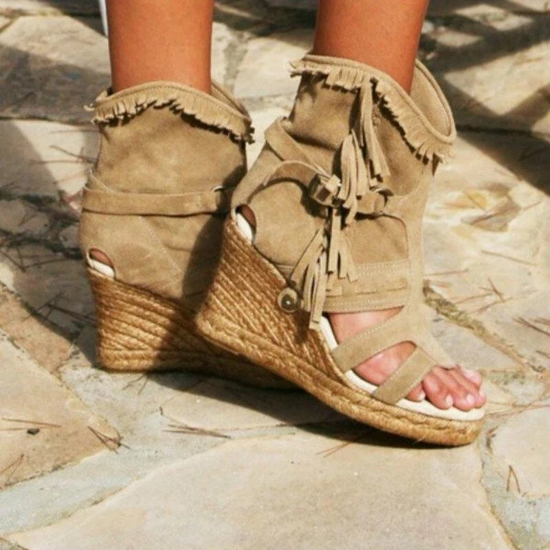 Weinlese PU-Quasten Peeptoe Hohe Keil Sandalen
