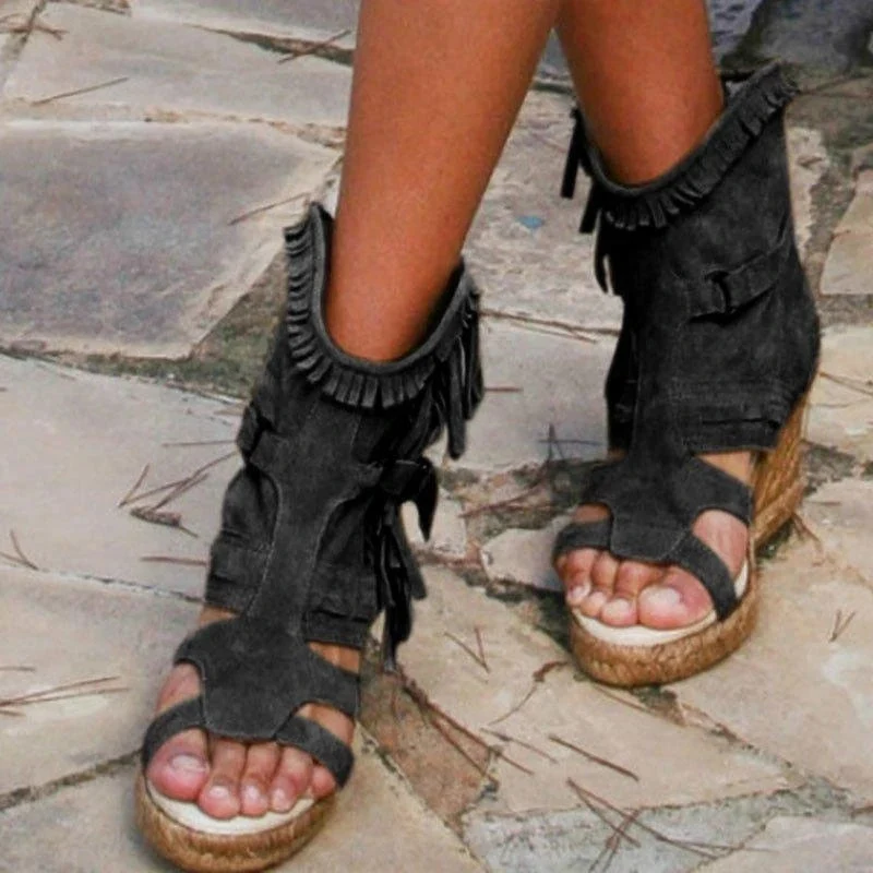 Weinlese PU-Quasten Peeptoe Hohe Keil Sandalen