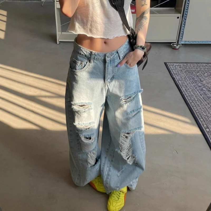 Damen Destroyed Wide-Leg Jeanshose mit trendigen Rissen Nord Taschen