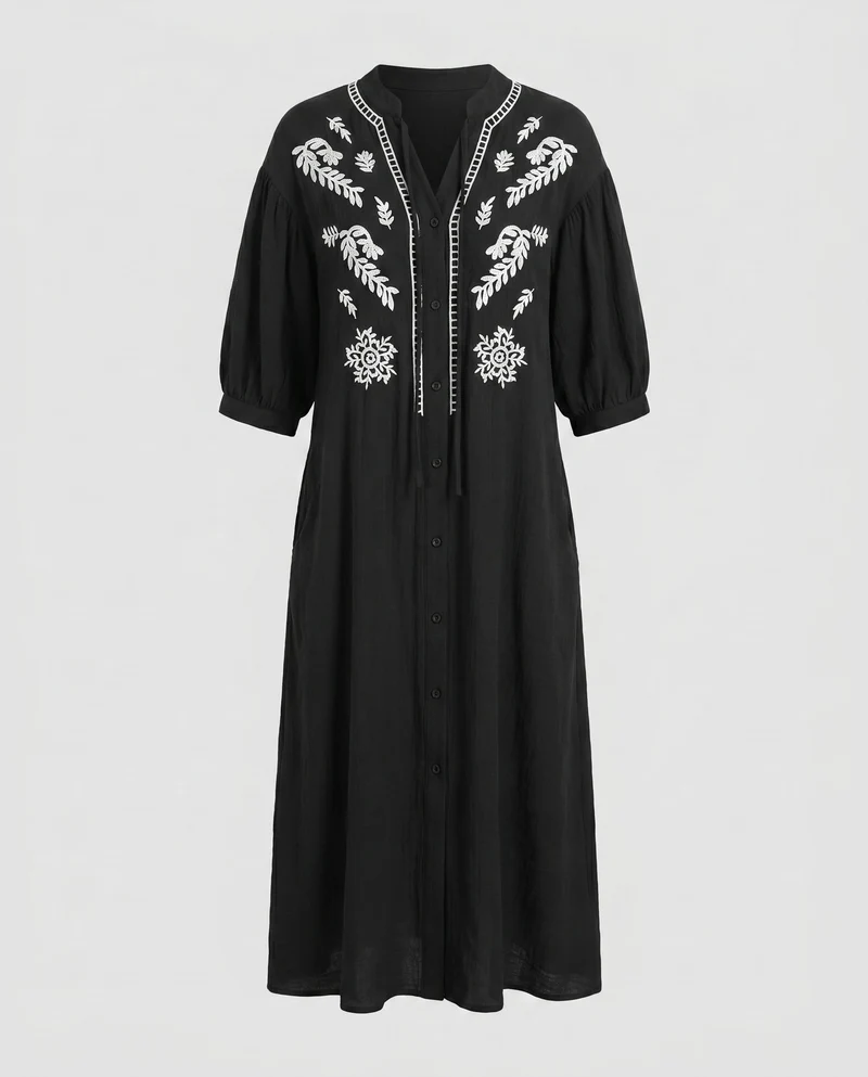 Damen Midikleid mit floraler Stickerei und raffiniertem Knopfverschluss