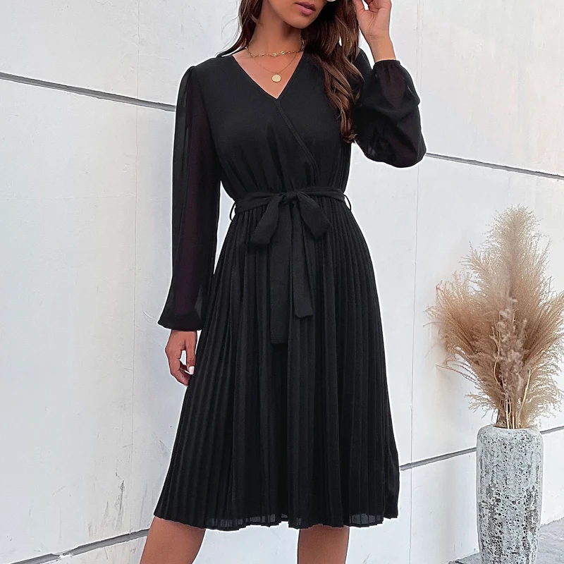 Damen Plissiertes Wickelkleid mit Gürtel