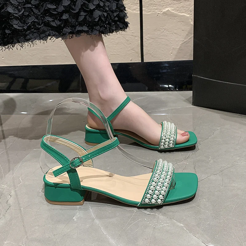 Damen elegante Sandalen mit Perlenverzierung und niedrigem Blockabsatz