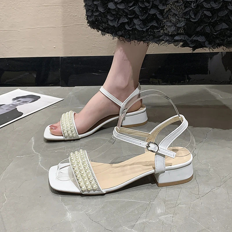 Damen elegante Sandalen mit Perlenverzierung und niedrigem Blockabsatz