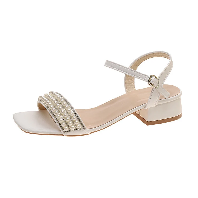 Damen elegante Sandalen mit Perlenverzierung und niedrigem Blockabsatz