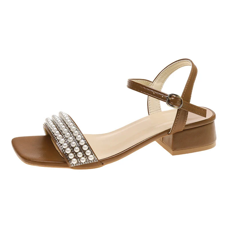 Damen elegante Sandalen mit Perlenverzierung und niedrigem Blockabsatz