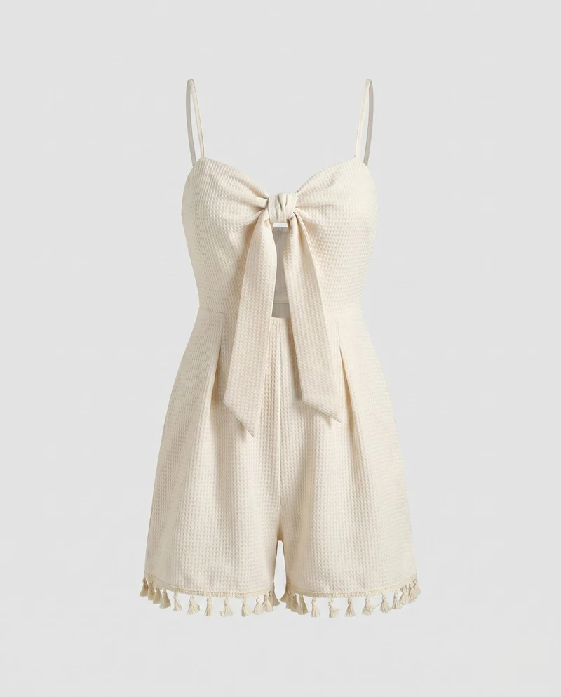 Damen Playsuit mit dekorativem Schleifen-Detail und angesagtem Fransenabschluss