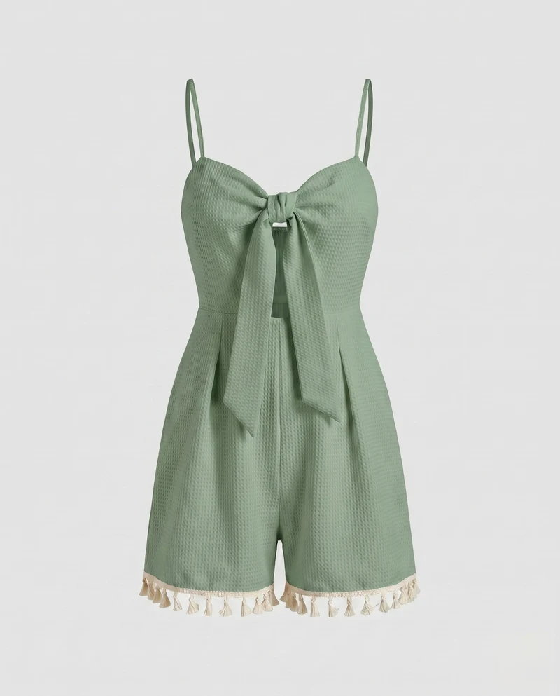 Damen Playsuit mit dekorativem Schleifen-Detail und angesagtem Fransenabschluss