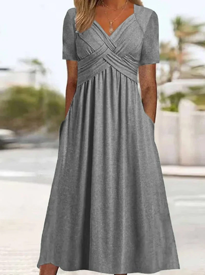 Damen nan fließendes Maxikleid mit gekreuzter Passe V-Ausschnitt Kurzarm und Eingrifftaschen