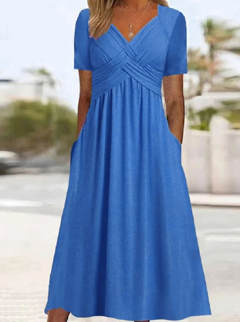 Damen nan fließendes Maxikleid mit gekreuzter Passe V-Ausschnitt Kurzarm und Eingrifftaschen