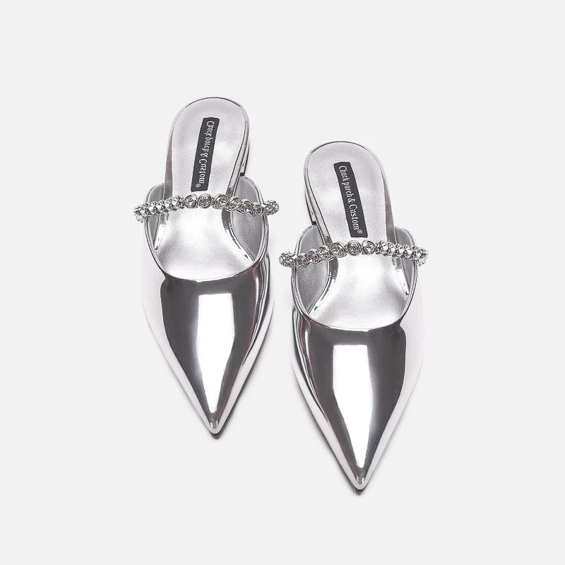 Damen elegante Pantoletten mit glitzerndem Riemen und spitz zulaufender Form