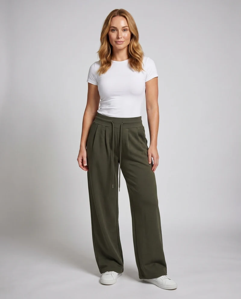 Damen nan weite Sweat-Palazzohose mit hohem Komfortbund, Kellerfalten und Kordelzug