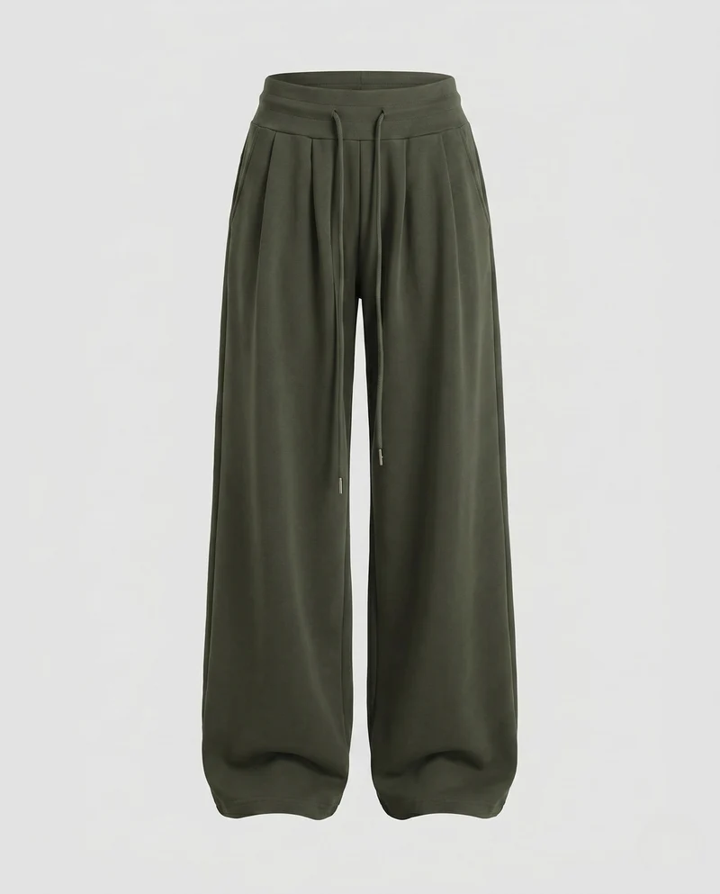Damen nan weite Sweat-Palazzohose mit hohem Komfortbund, Kellerfalten und Kordelzug