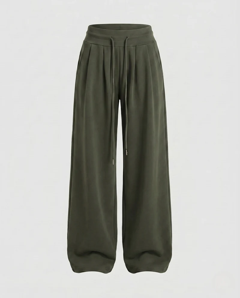 Damen nan weite Sweat-Palazzohose mit hohem Komfortbund, Kellerfalten und Kordelzug