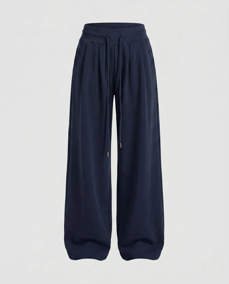 Damen nan weite Sweat-Palazzohose mit hohem Komfortbund, Kellerfalten und Kordelzug