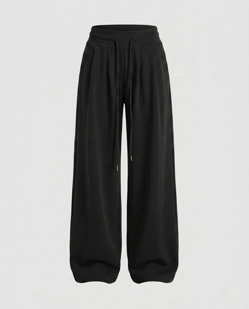 Damen nan weite Sweat-Palazzohose mit hohem Komfortbund, Kellerfalten und Kordelzug
