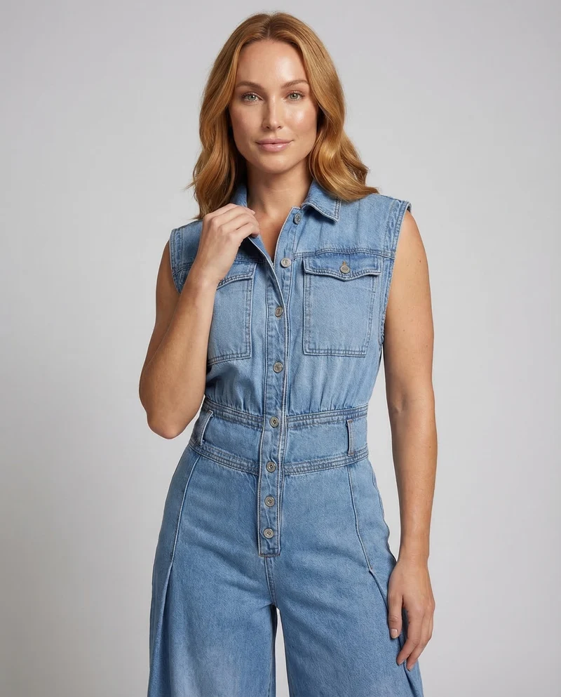 Damen Jeans Jumpsuit Weites Bein