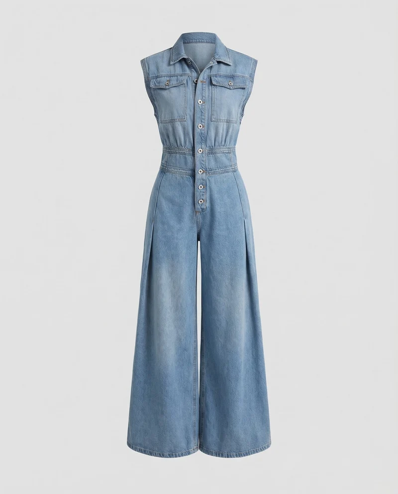 Damen Jeans Jumpsuit Weites Bein