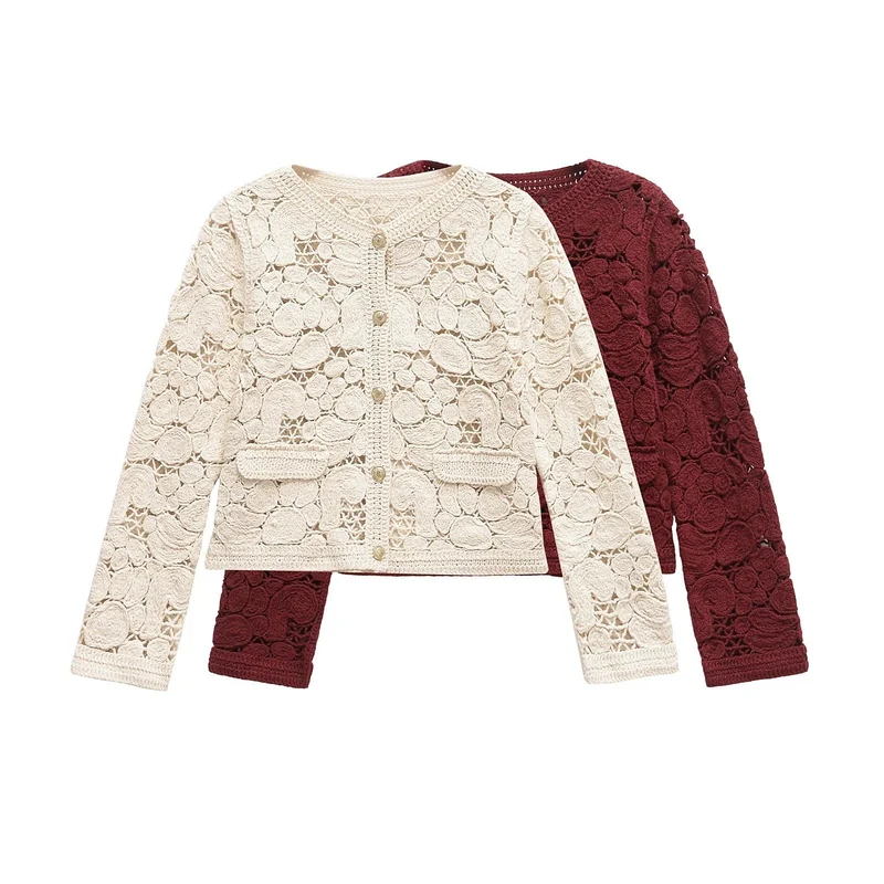 Damen Strickjacke Aus Feiner Spitze mit Dekorativen Knopfdetails und Eleganter Silhouette