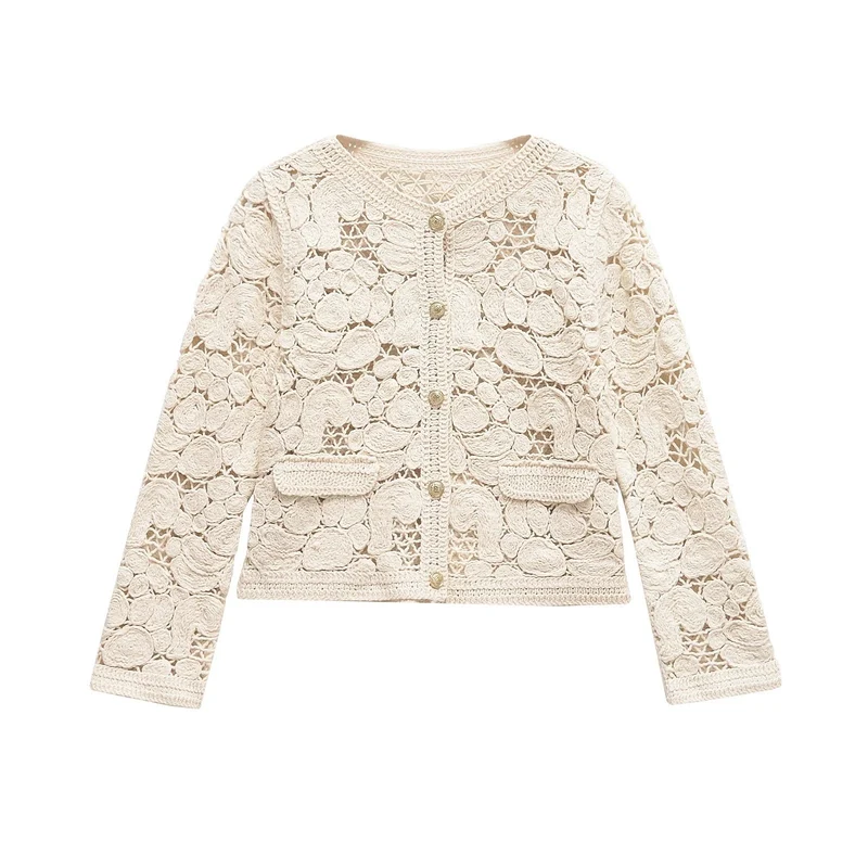 Damen Strickjacke Aus Feiner Spitze mit Dekorativen Knopfdetails und Eleganter Silhouette